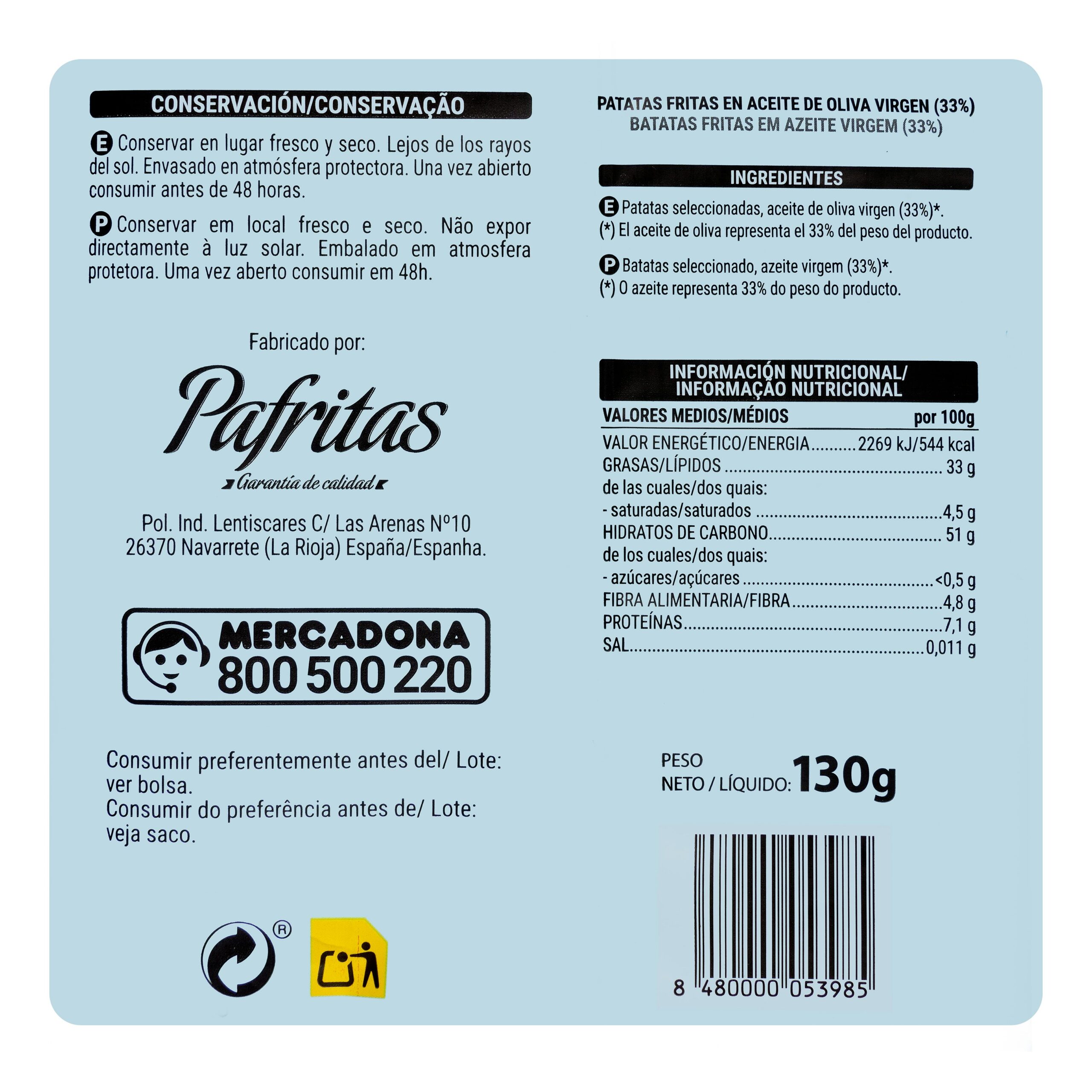 Etiqueta Patatas fritas 0% sal añadida Hacendado